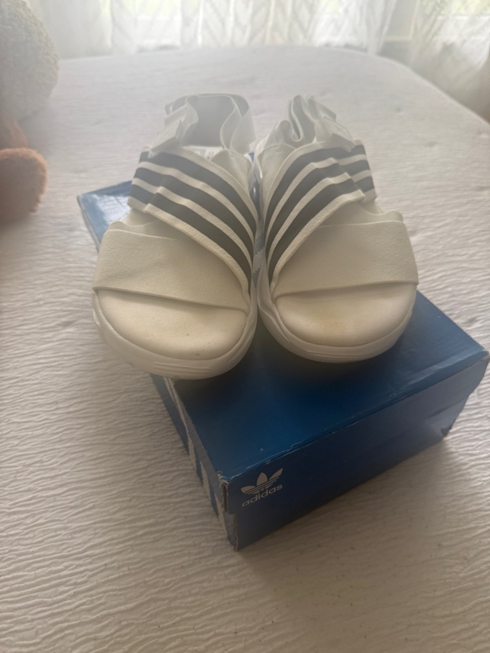 adidas White Sandals with Black Striped Straps